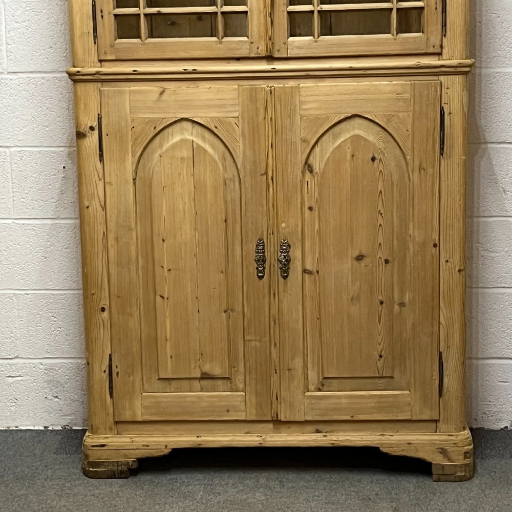Very Old Tall Slim Pine Partly Glazed Cupboard Cabinet View V