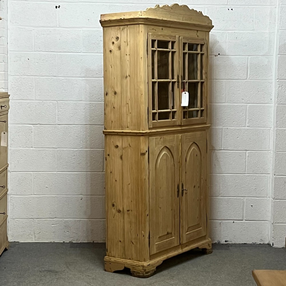 Very Old Tall Slim Pine Partly Glazed Cupboard Cabinet View VI