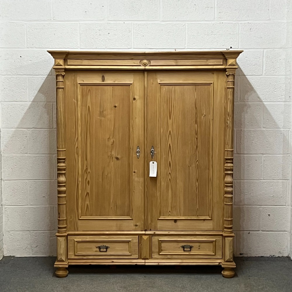 Small Double Antique Pine Wardrobe With 2 Bottom Drawers 