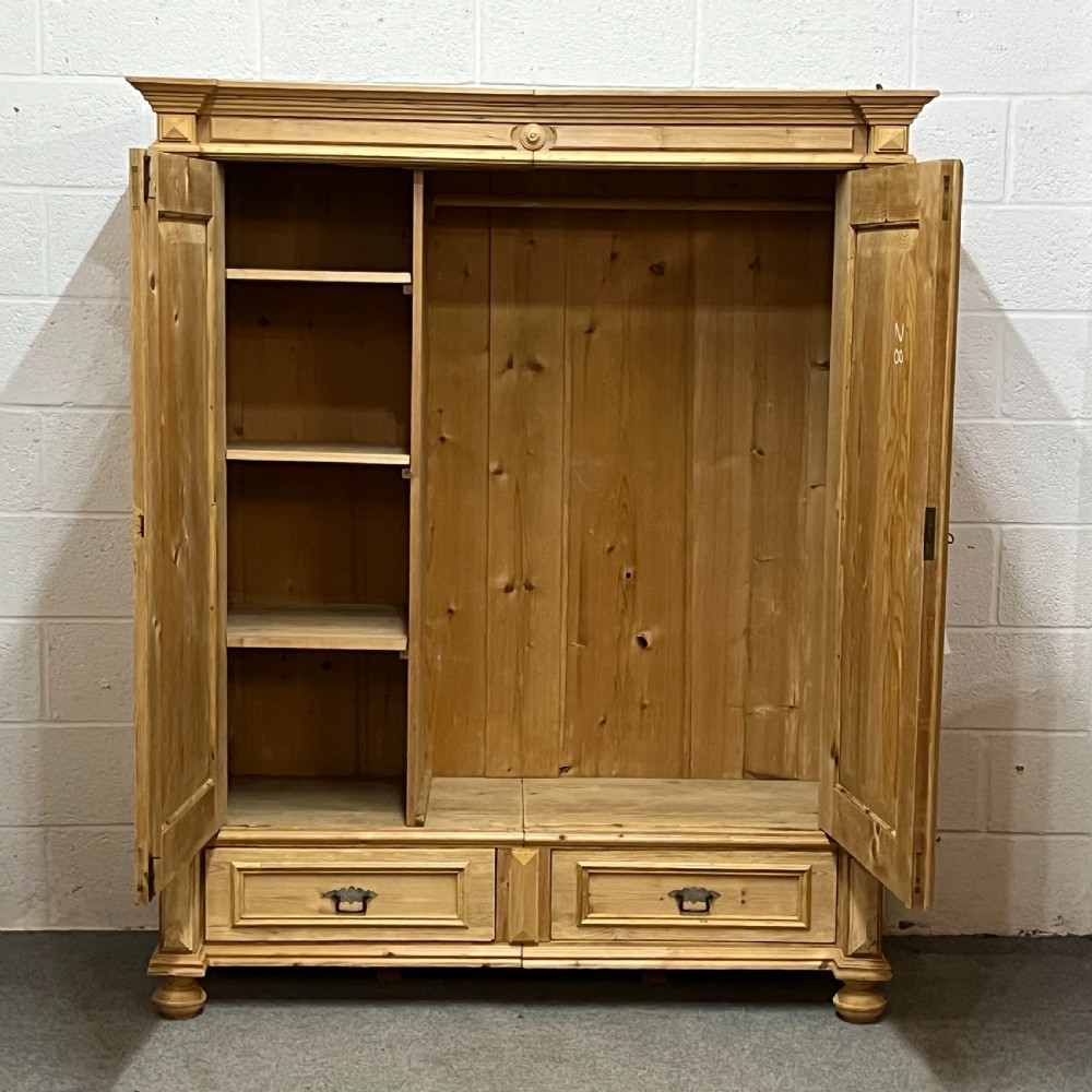 Small Double Antique Pine Wardrobe With 2 Bottom Drawers  View II