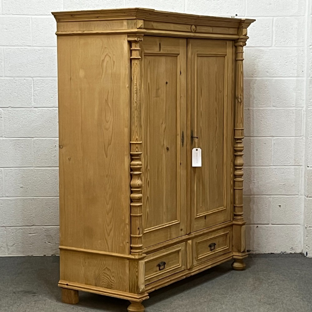 Small Double Antique Pine Wardrobe With 2 Bottom Drawers  View III