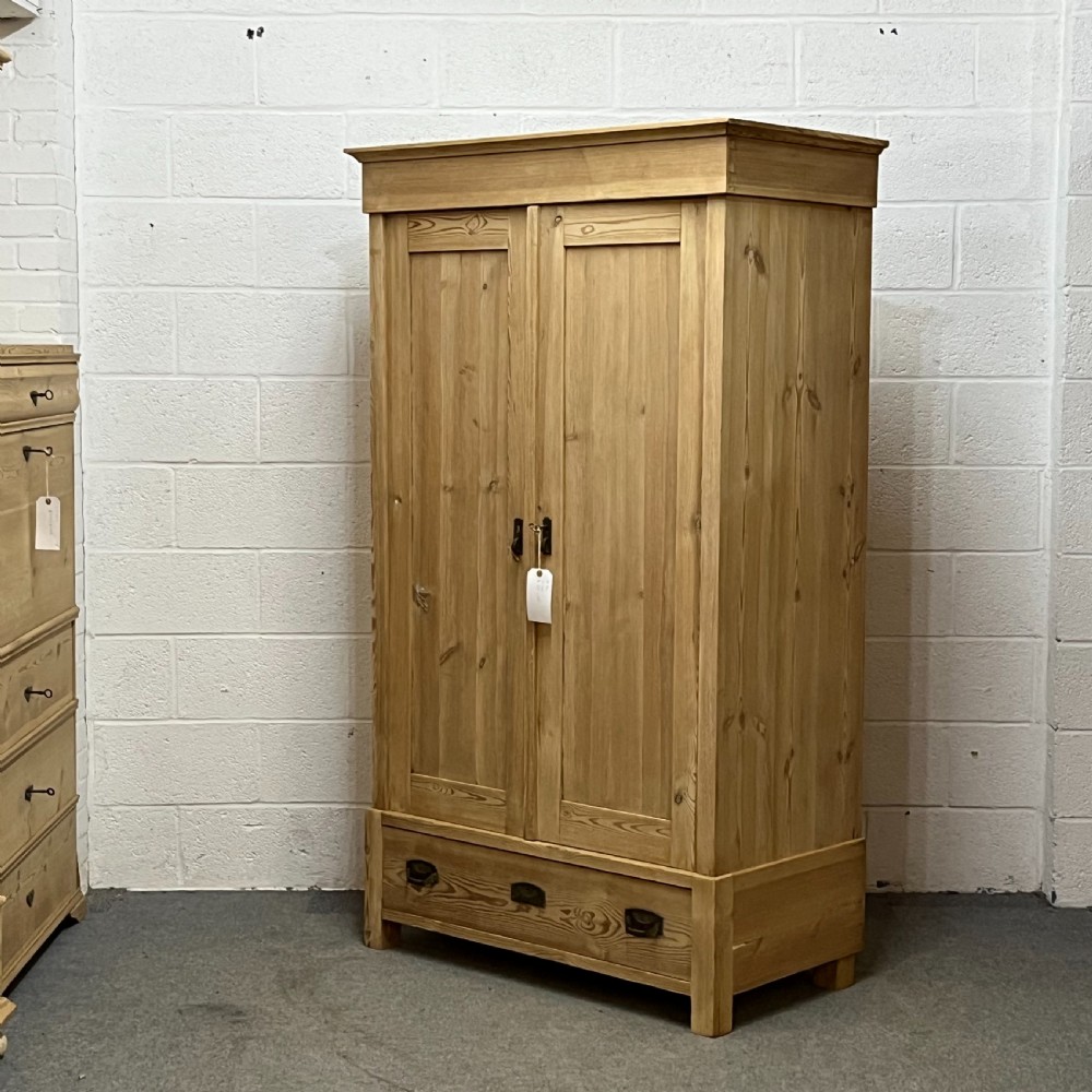 Small 2 Door Antique Pine Wardrobe With Bottom Drawer View III