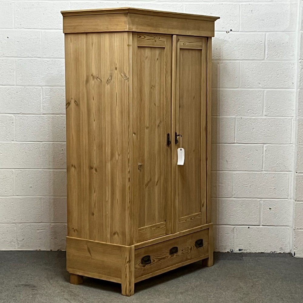 Small 2 Door Antique Pine Wardrobe With Bottom Drawer View IV