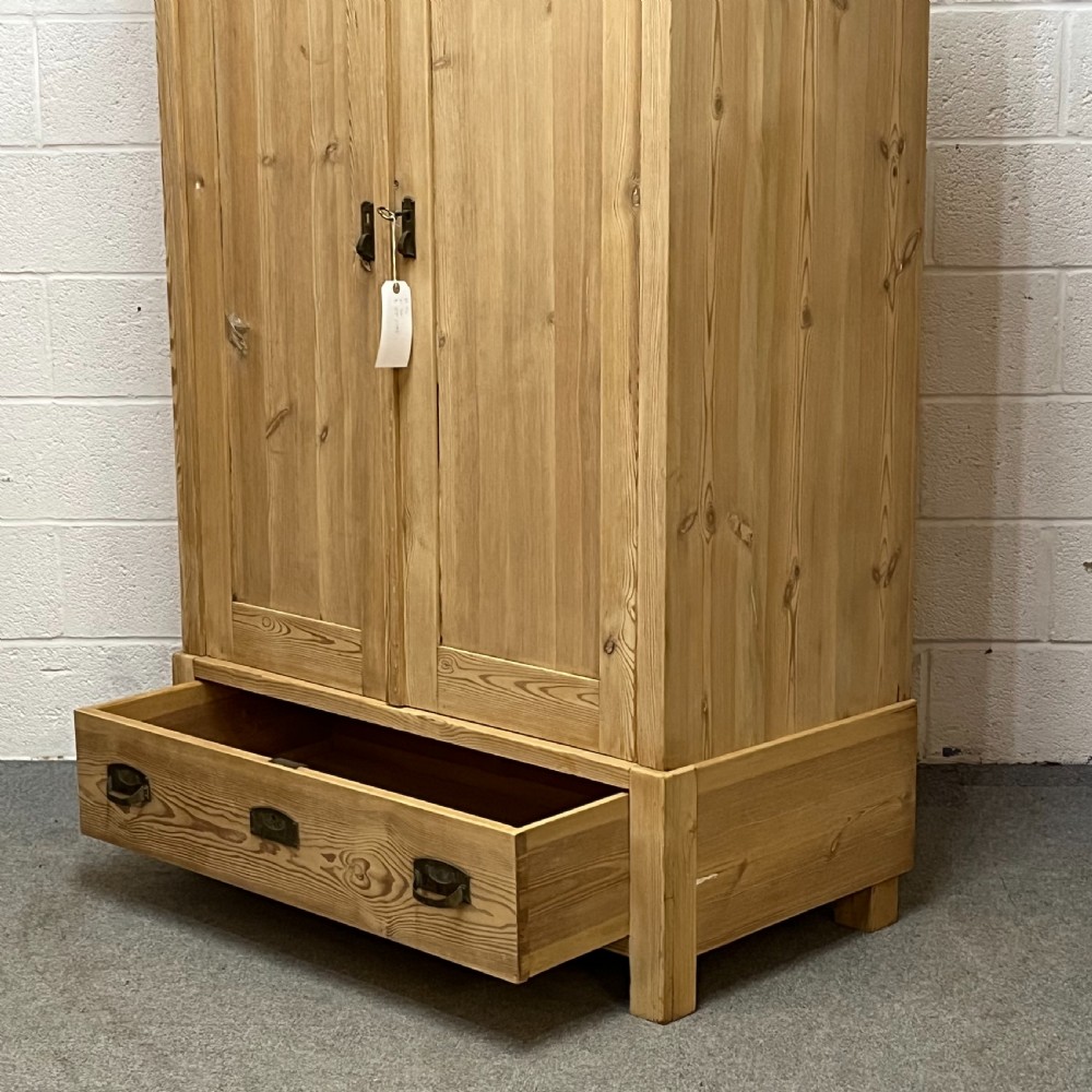 Small 2 Door Antique Pine Wardrobe With Bottom Drawer View V