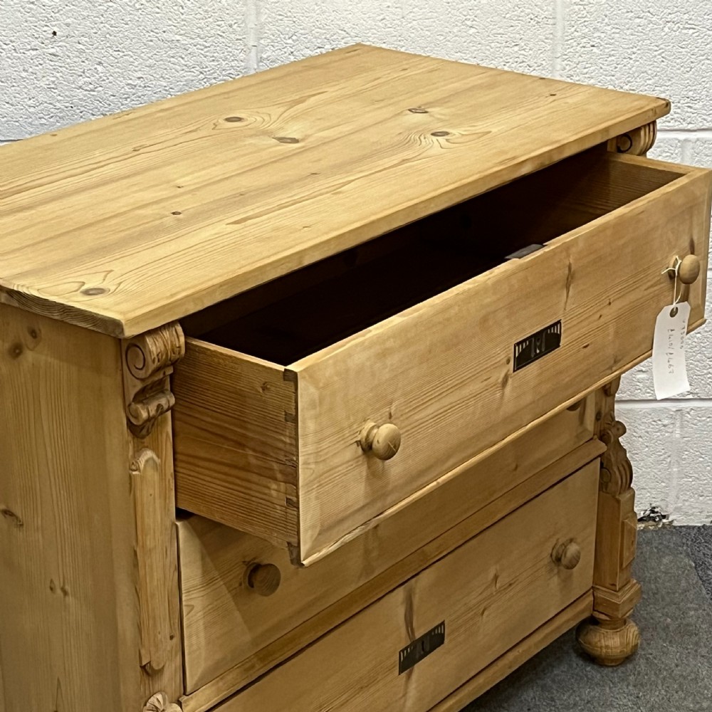 3 Drawer Antique Pine Chest Of Drawers View V