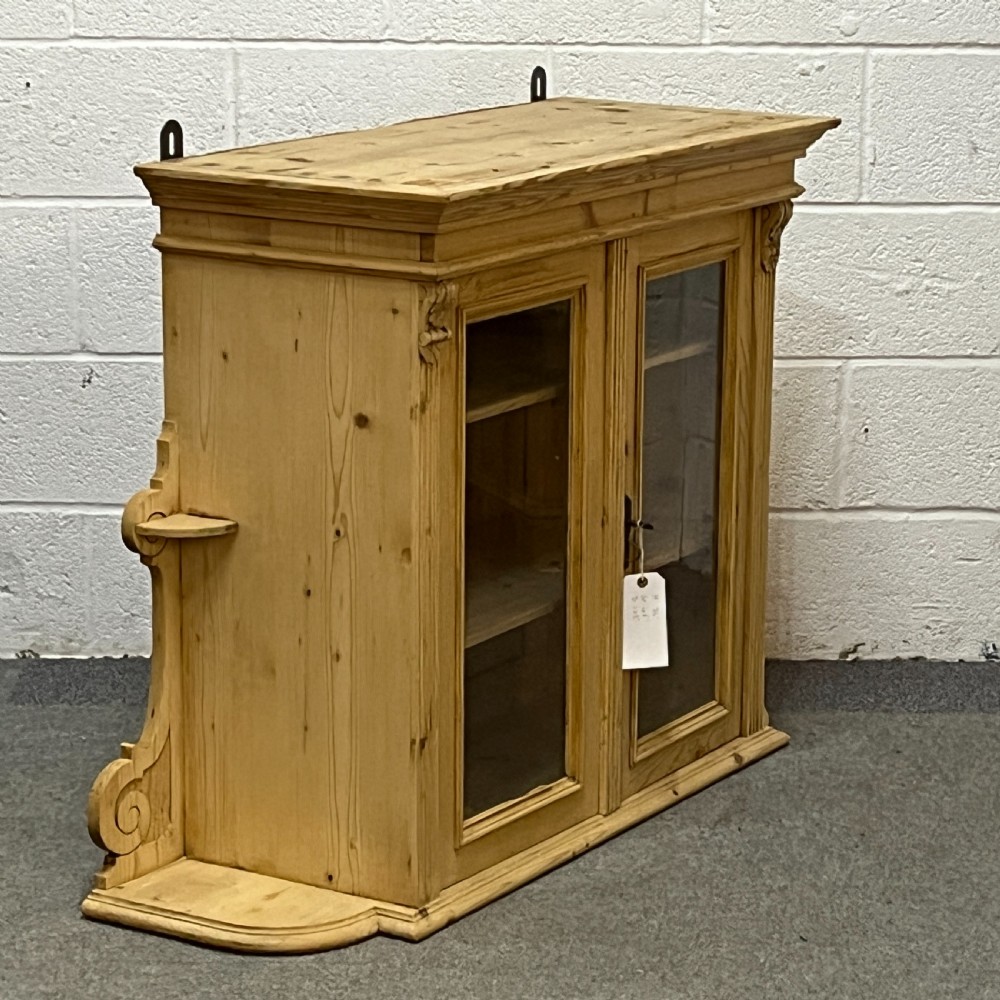Large Antique Pine Glazed Wall Hanging Cabinet View V