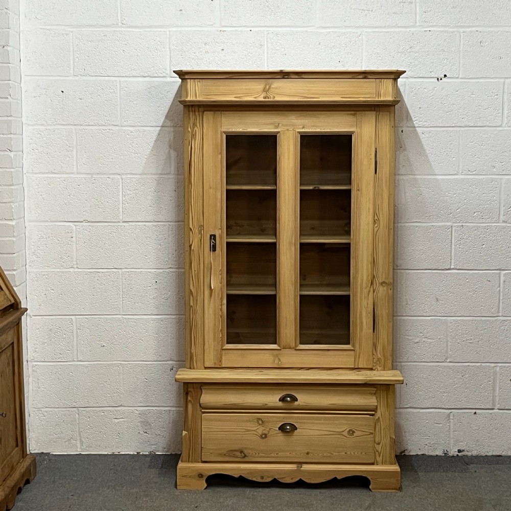 Small Antique Pine Single Glazed Door Dresser 2 Bottom Drawers