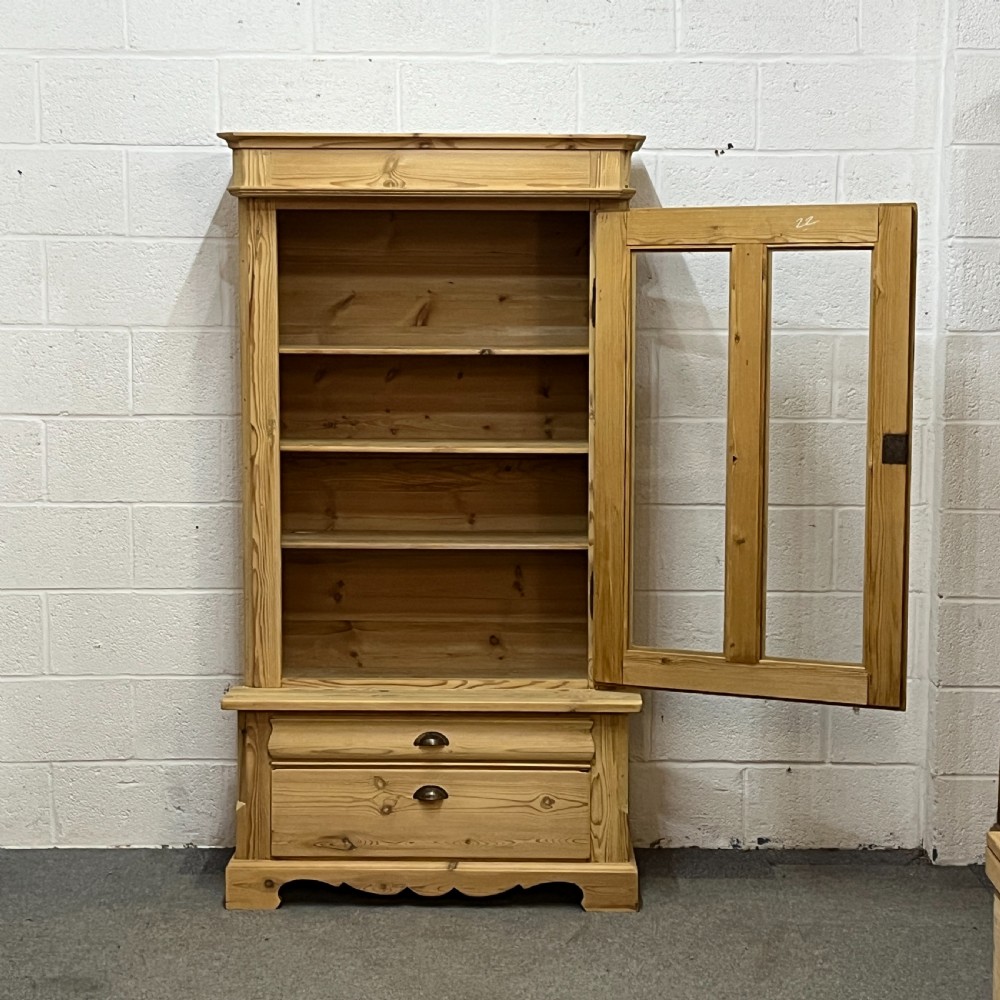 Small Antique Pine Single Glazed Door Dresser 2 Bottom Drawers View VI