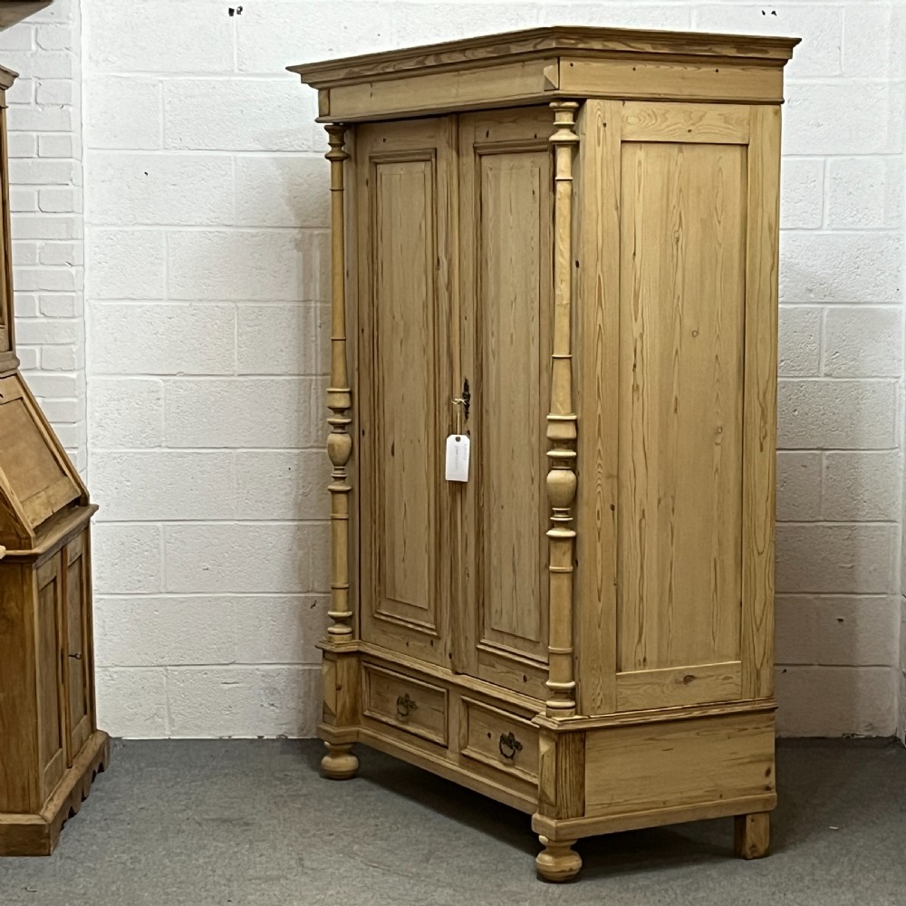Beautiful Double Column Antique Pine Wardrobe With Bottom Drawers (Dismantles) View II
