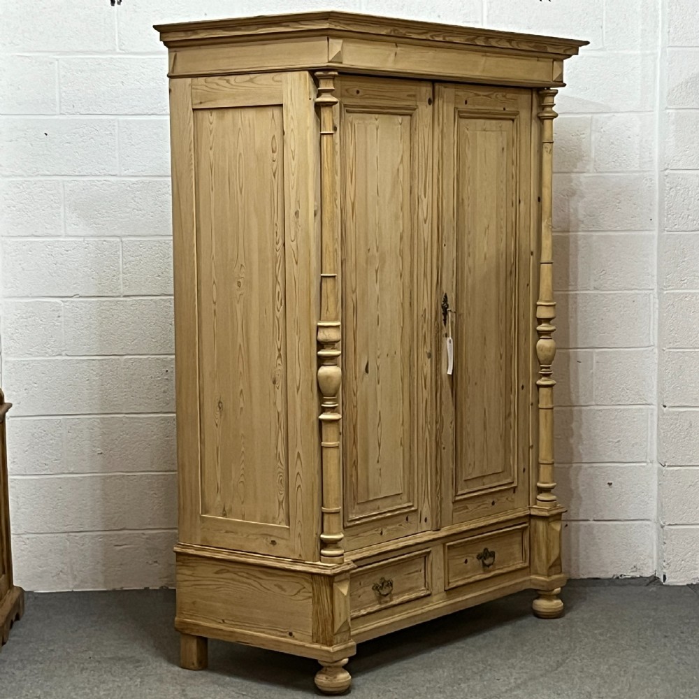 Beautiful Double Column Antique Pine Wardrobe With Bottom Drawers (Dismantles) View III