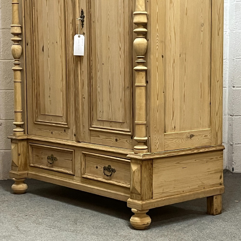 Beautiful Double Column Antique Pine Wardrobe With Bottom Drawers (Dismantles) View V