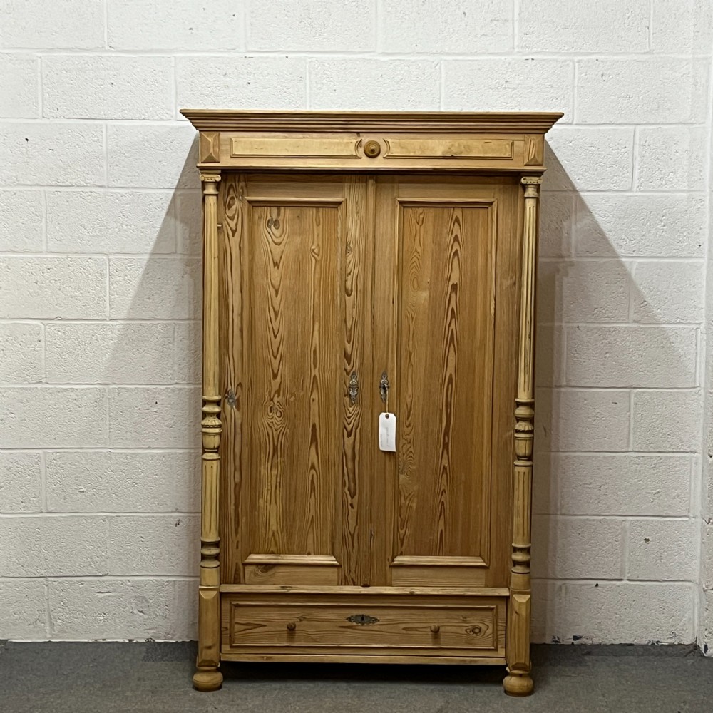 Small Old Pine 2 Door Wardrobe With Columns And Bottom Drawer