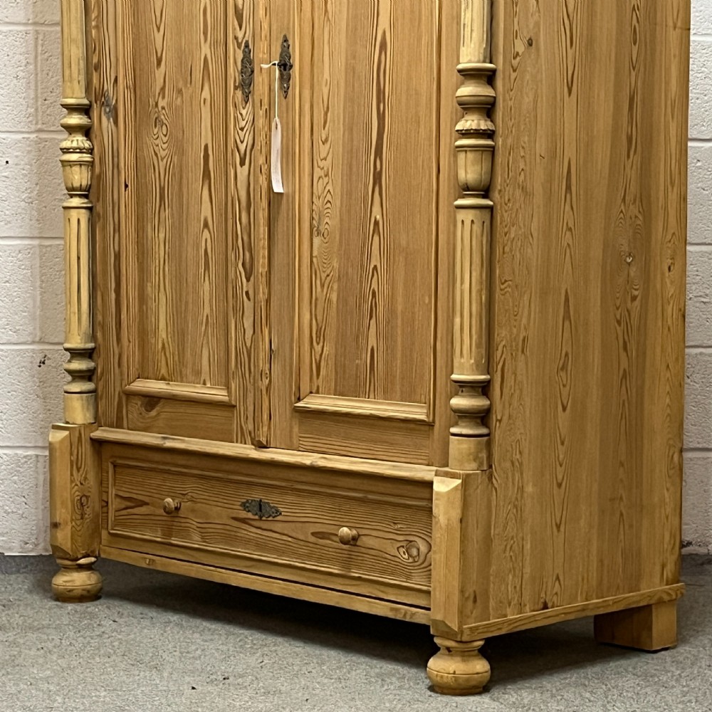 Small Old Pine 2 Door Wardrobe With Columns And Bottom Drawer View V