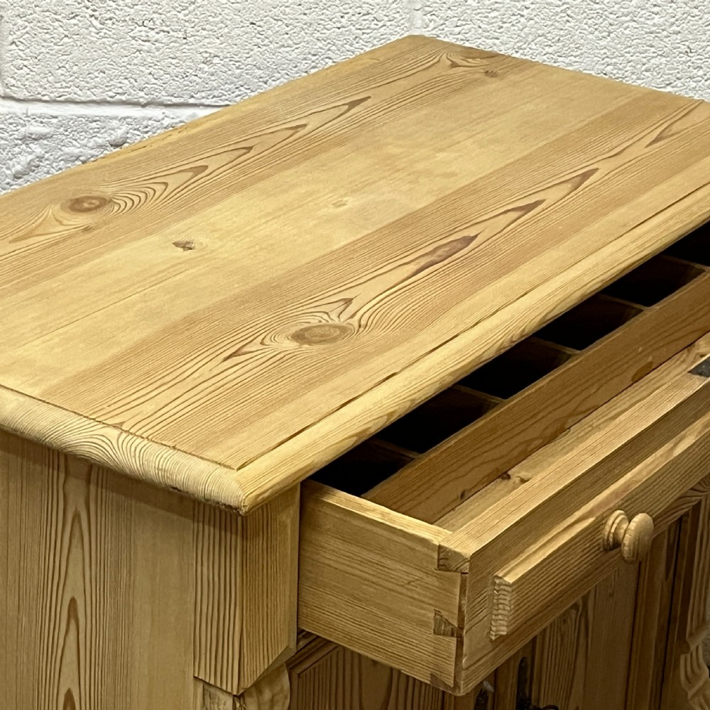 Small 2 Door Antique Pine Cupboard With Top Drawer View V