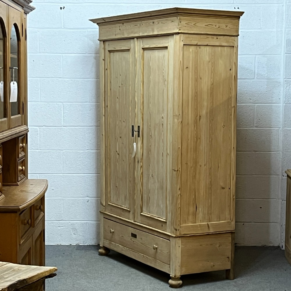 Tall Double Antique Pine Wardrobe With Bottom Drawer (Dismantles) View II