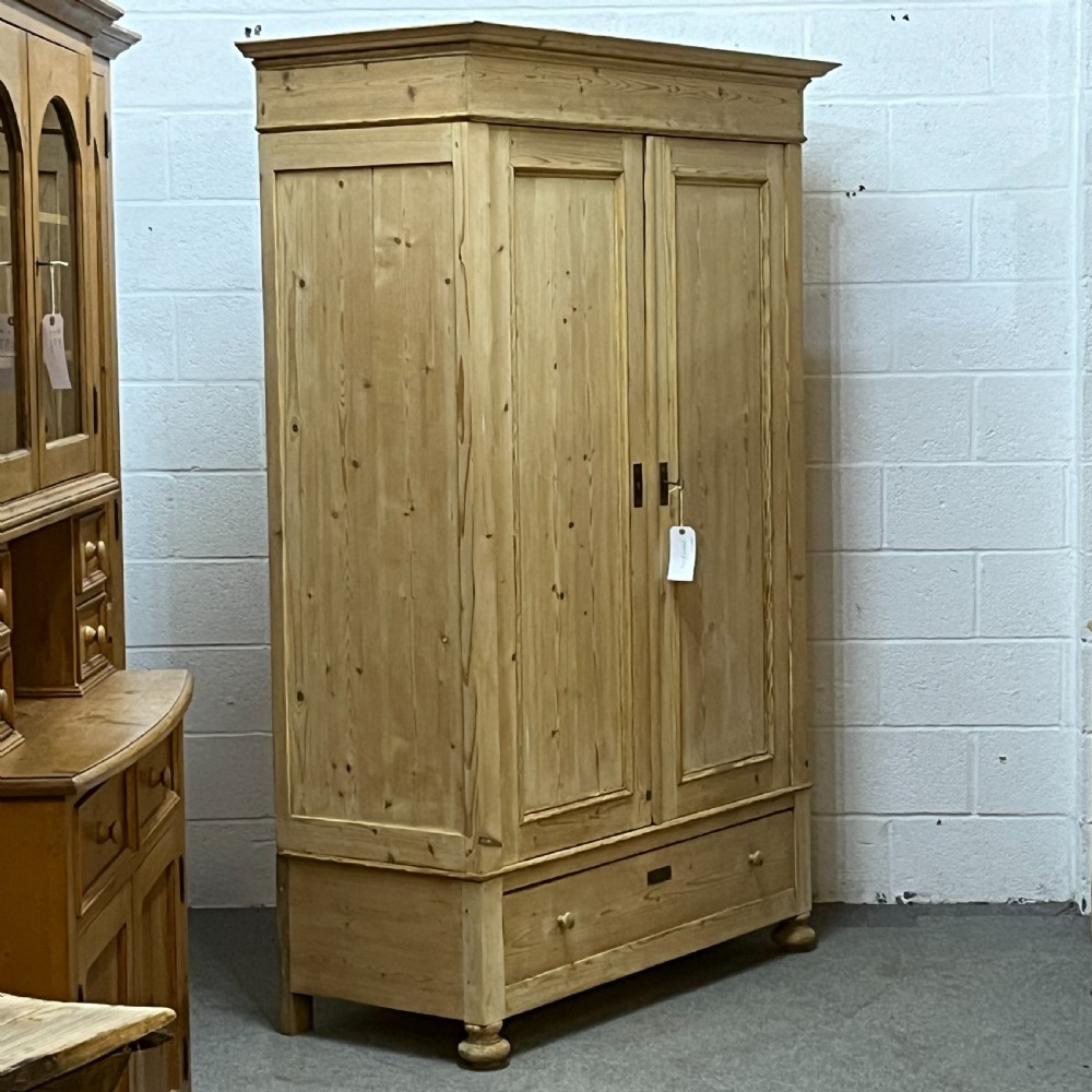 Tall Double Antique Pine Wardrobe With Bottom Drawer (Dismantles) View III