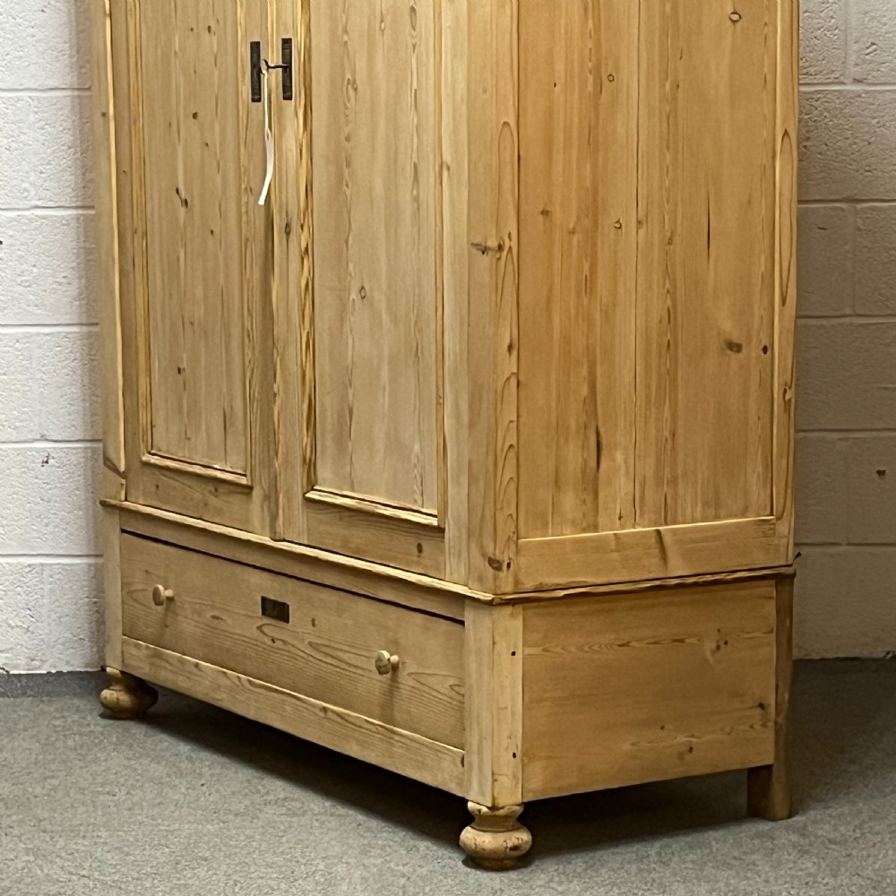 Tall Double Antique Pine Wardrobe With Bottom Drawer (Dismantles) View V