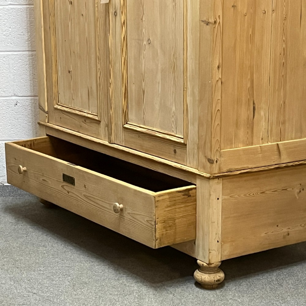 Tall Double Antique Pine Wardrobe With Bottom Drawer (Dismantles) View VI