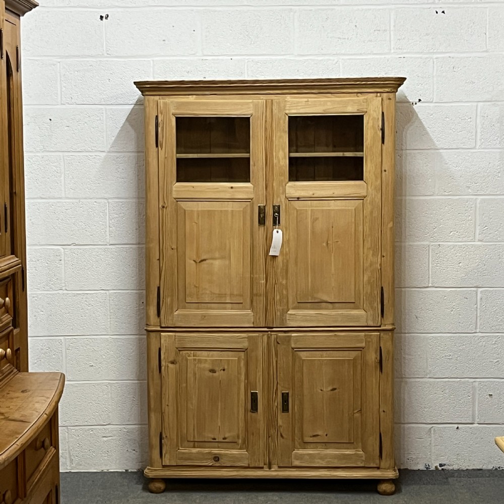 Large Shallow Old Pine Cupboard With 4 Doors