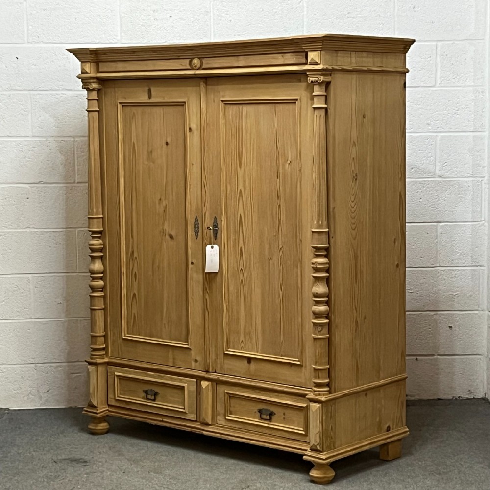 Small Double Antique Pine Wardrobe With 2 Bottom Drawers (Separates Into 2 For Delivery) View II