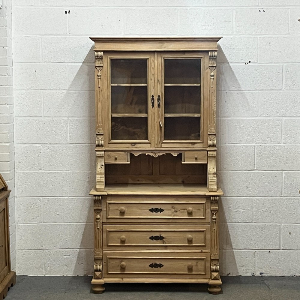 Slim Antique Pine Partly Glazed Dresser With Drawers In Base 