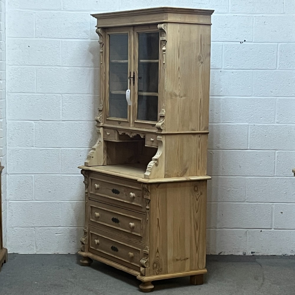 Slim Antique Pine Partly Glazed Dresser With Drawers In Base  View II