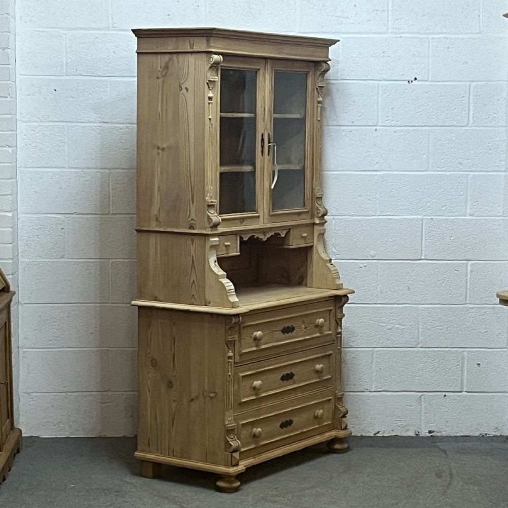 Slim Antique Pine Partly Glazed Dresser With Drawers In Base  View III