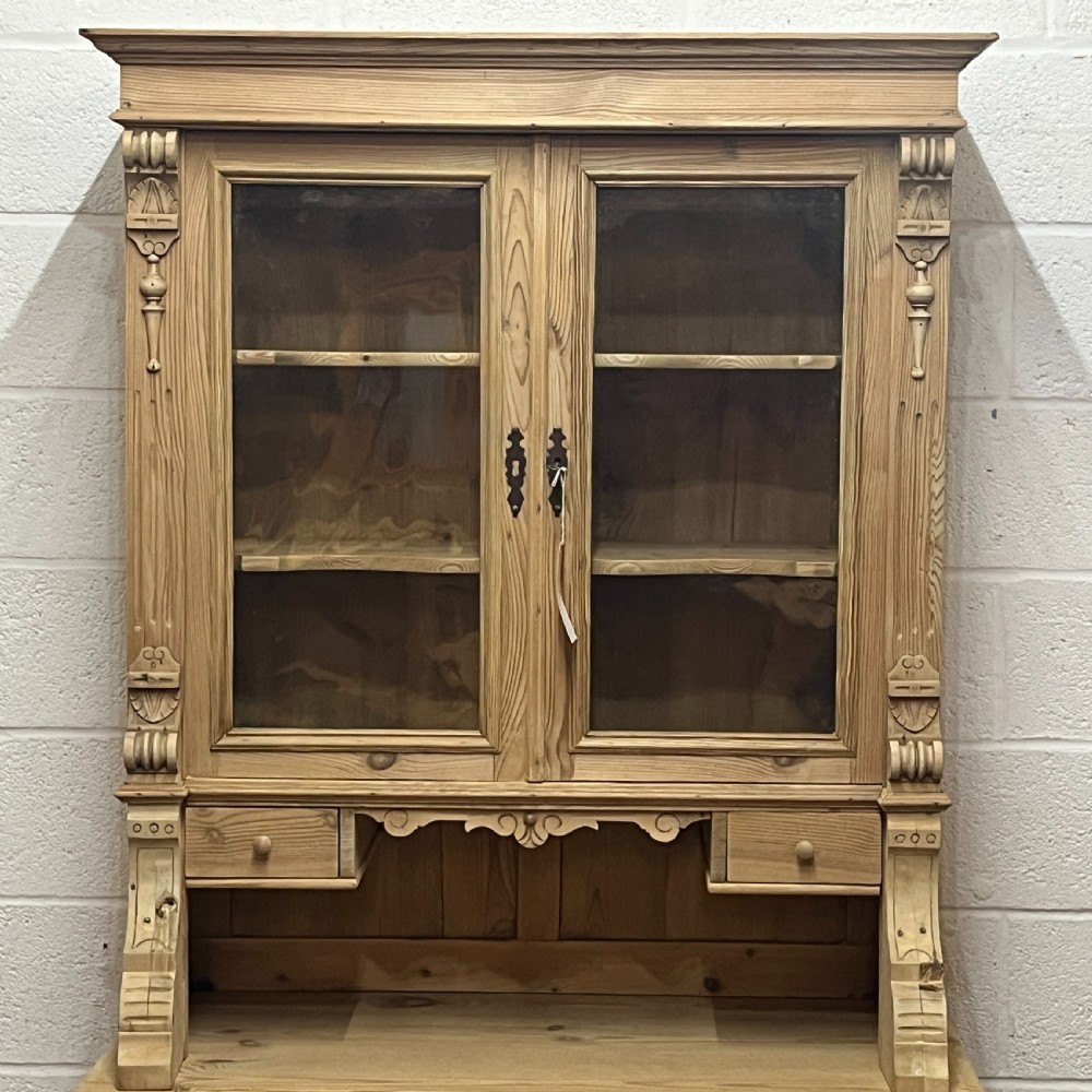 Slim Antique Pine Partly Glazed Dresser With Drawers In Base  View IV