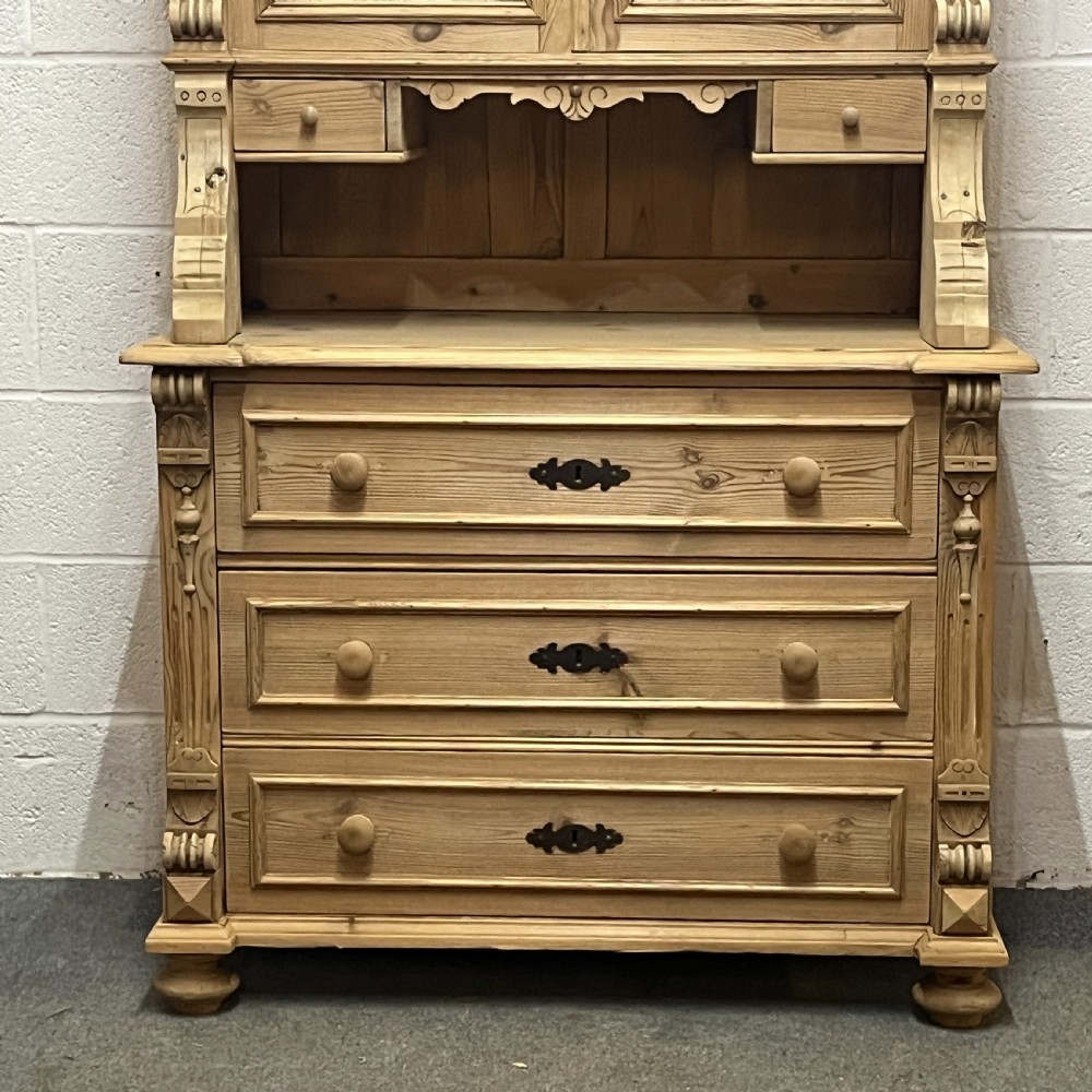 Slim Antique Pine Partly Glazed Dresser With Drawers In Base  View V