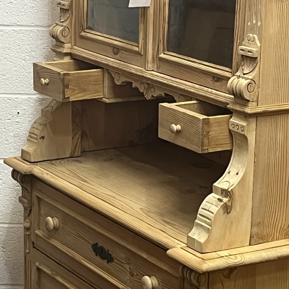 Slim Antique Pine Partly Glazed Dresser With Drawers In Base  View IX