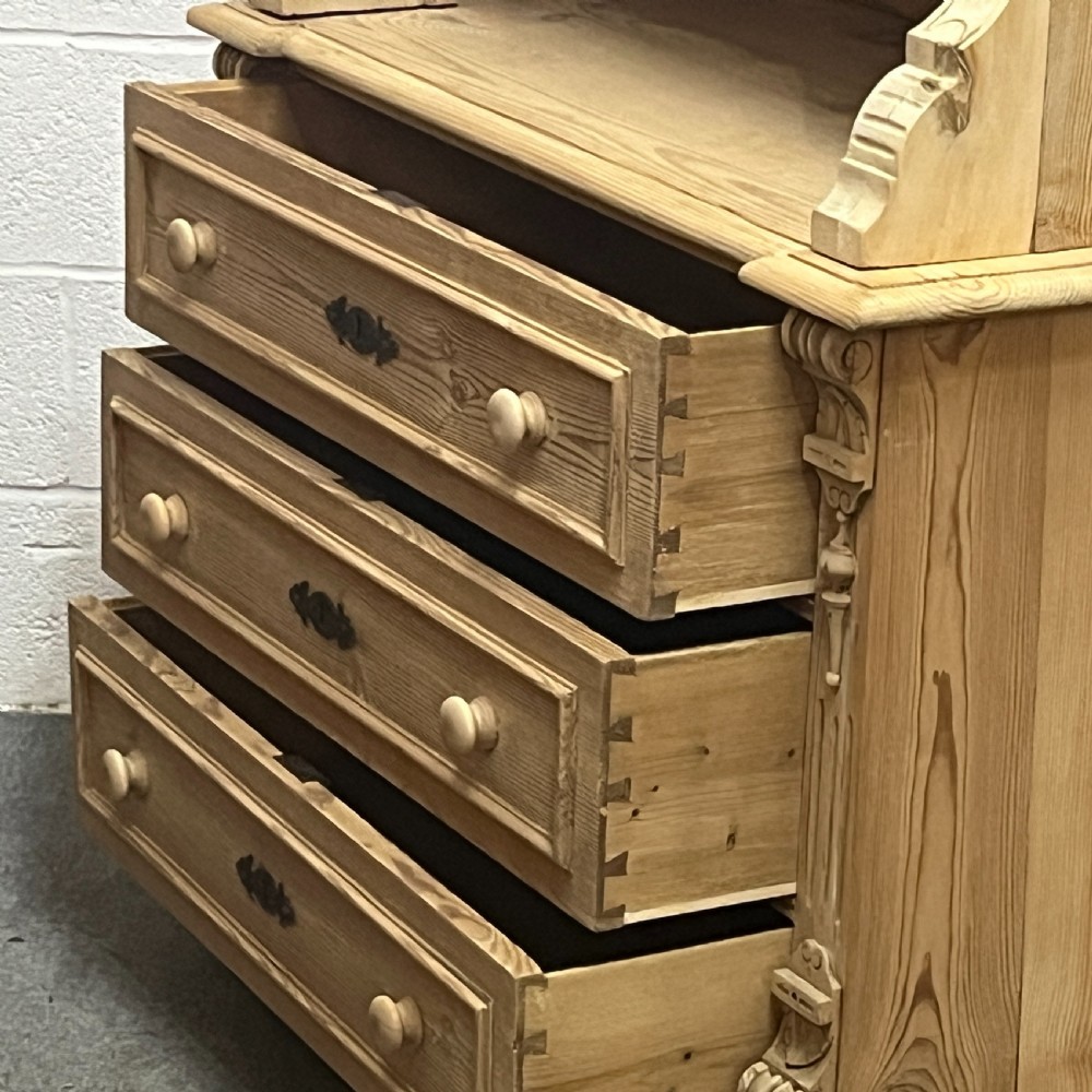 Slim Antique Pine Partly Glazed Dresser With Drawers In Base  View XI
