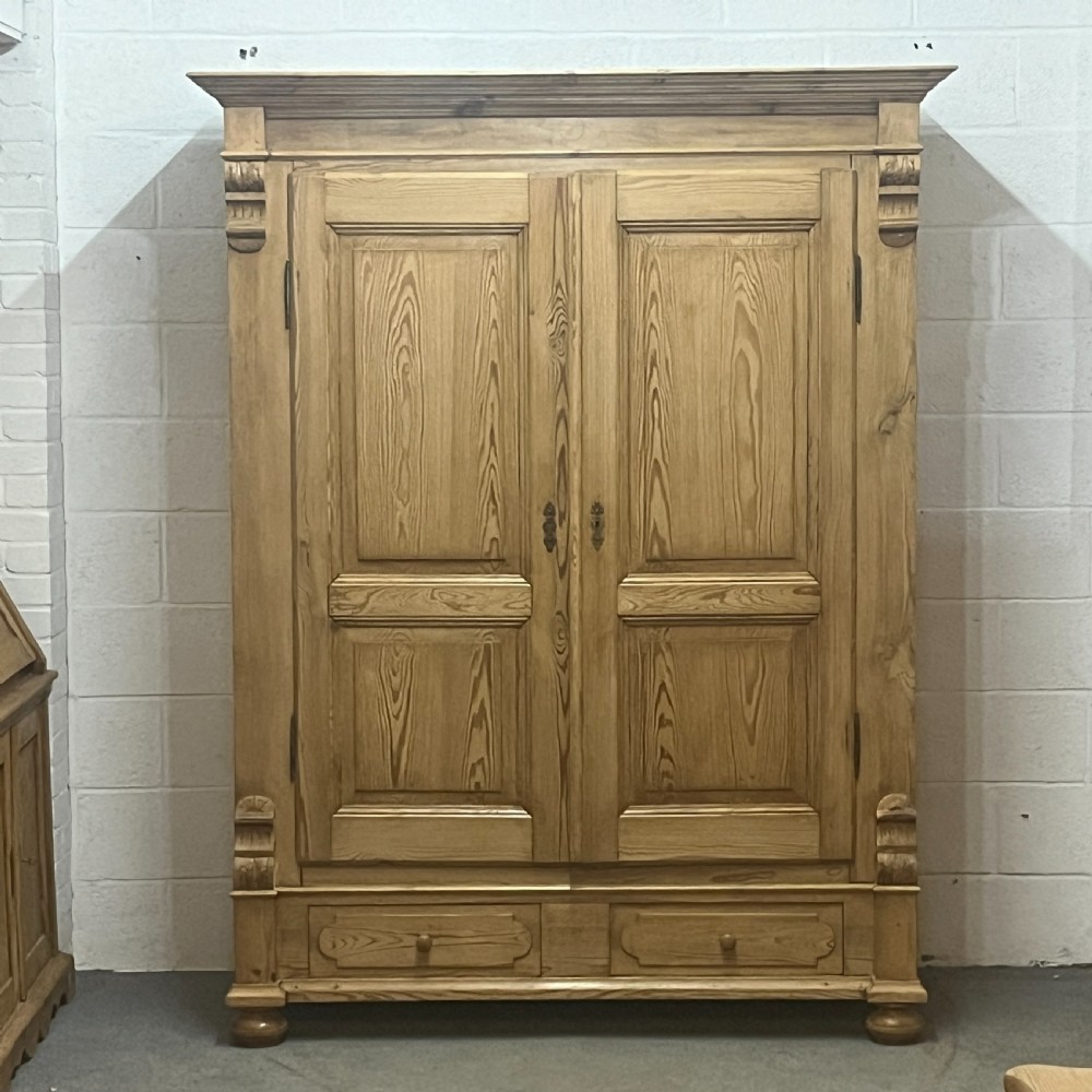 Large Waxed Antique Pine Double Wardrobe 2 Bottom Drawers (Dismantles) 