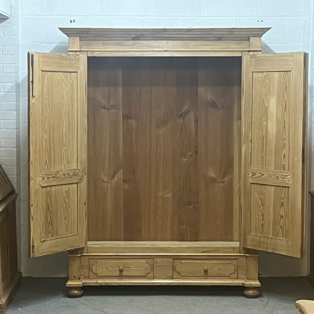 Large Waxed Antique Pine Double Wardrobe 2 Bottom Drawers (Dismantles)  View II