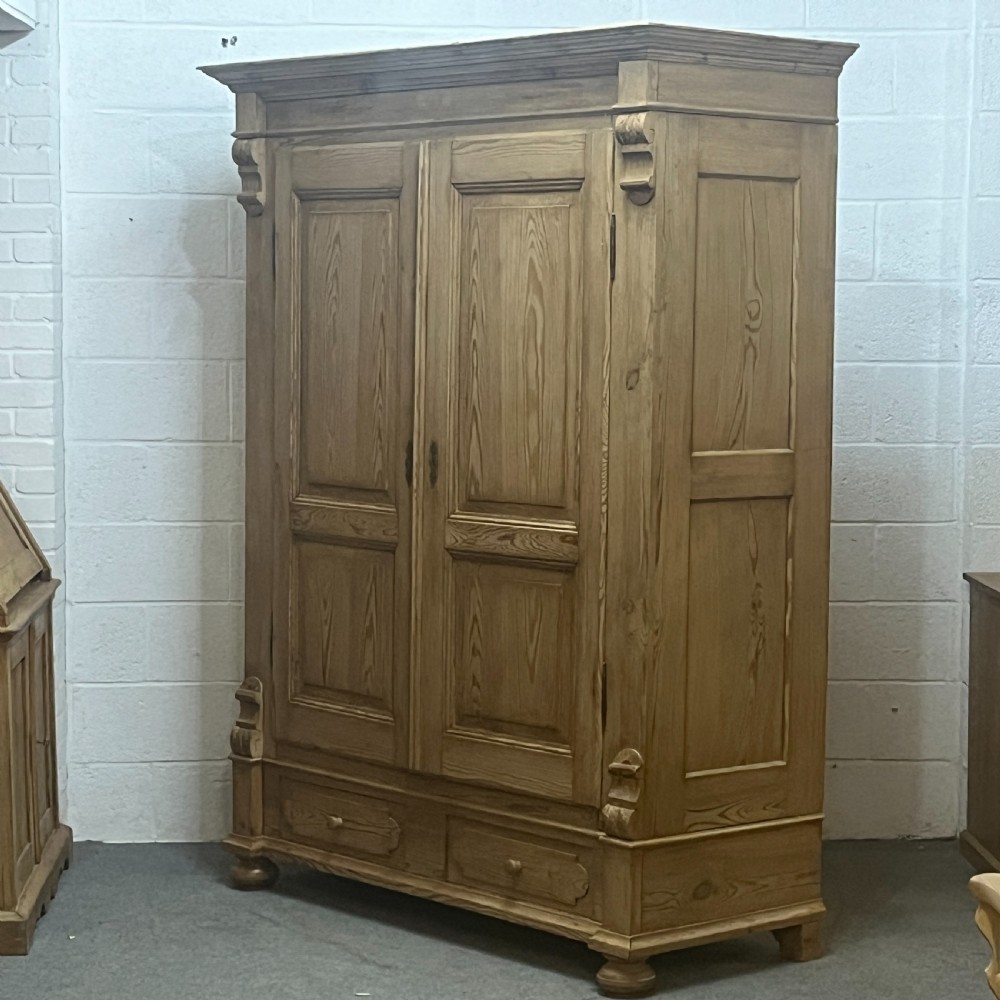 Large Waxed Antique Pine Double Wardrobe 2 Bottom Drawers (Dismantles)  View III