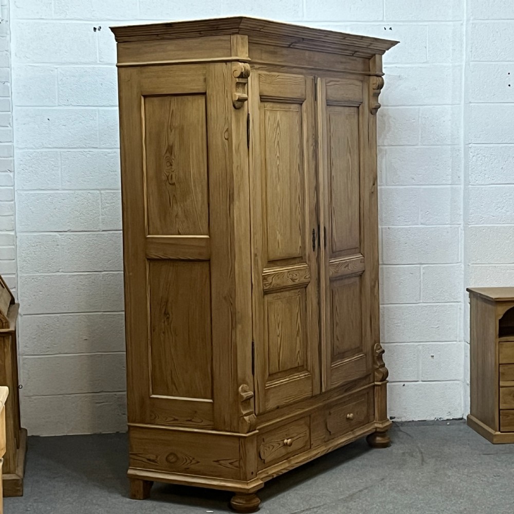 Large Waxed Antique Pine Double Wardrobe 2 Bottom Drawers (Dismantles)  View IV