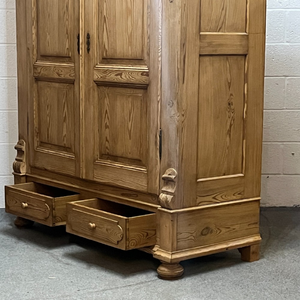 Large Waxed Antique Pine Double Wardrobe 2 Bottom Drawers (Dismantles)  View VI