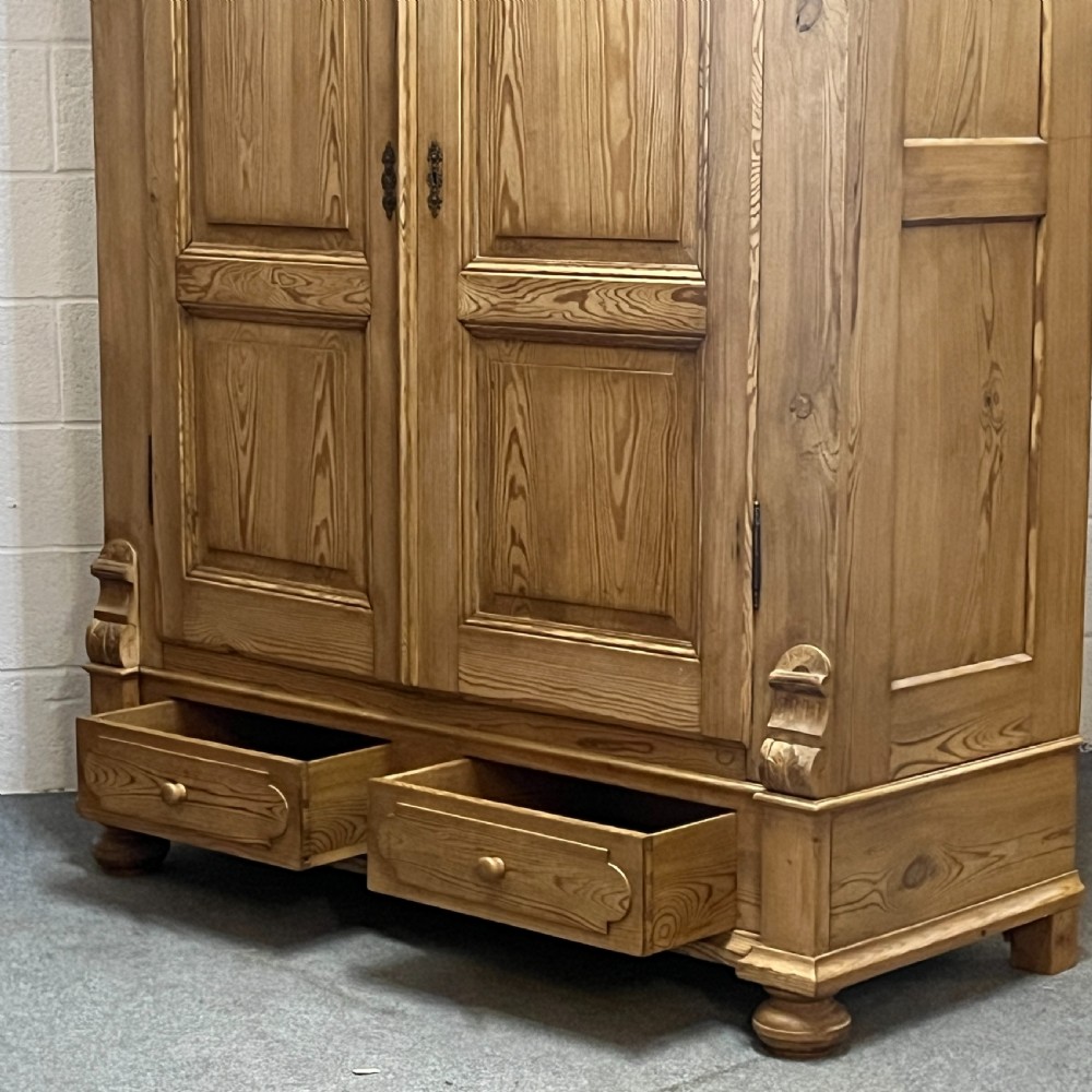 Large Waxed Antique Pine Double Wardrobe 2 Bottom Drawers (Dismantles)  View VII