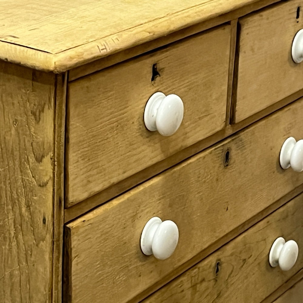 Small Early Victorian Pine 2 Over 3 Chest Of Drawers With Porcelain Knobs View V