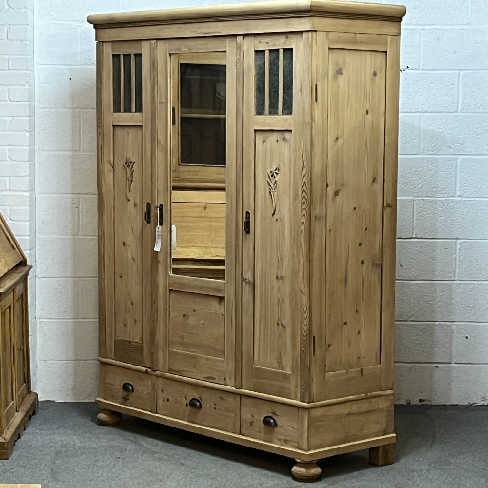 1930’s East German Partly Glazed Triple Pine Wardrobe (Dismantles) View II