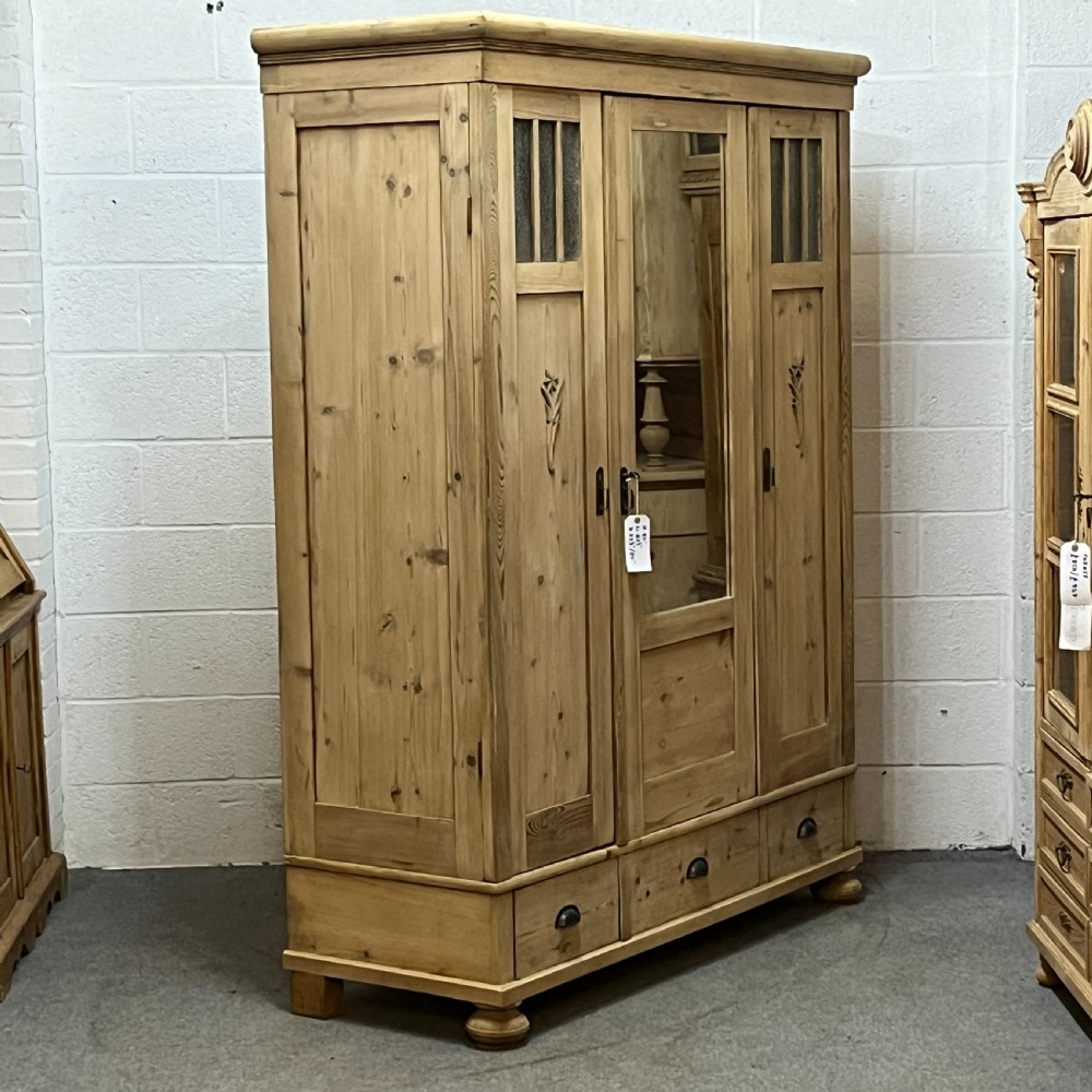 1930’s East German Partly Glazed Triple Pine Wardrobe (Dismantles) View III