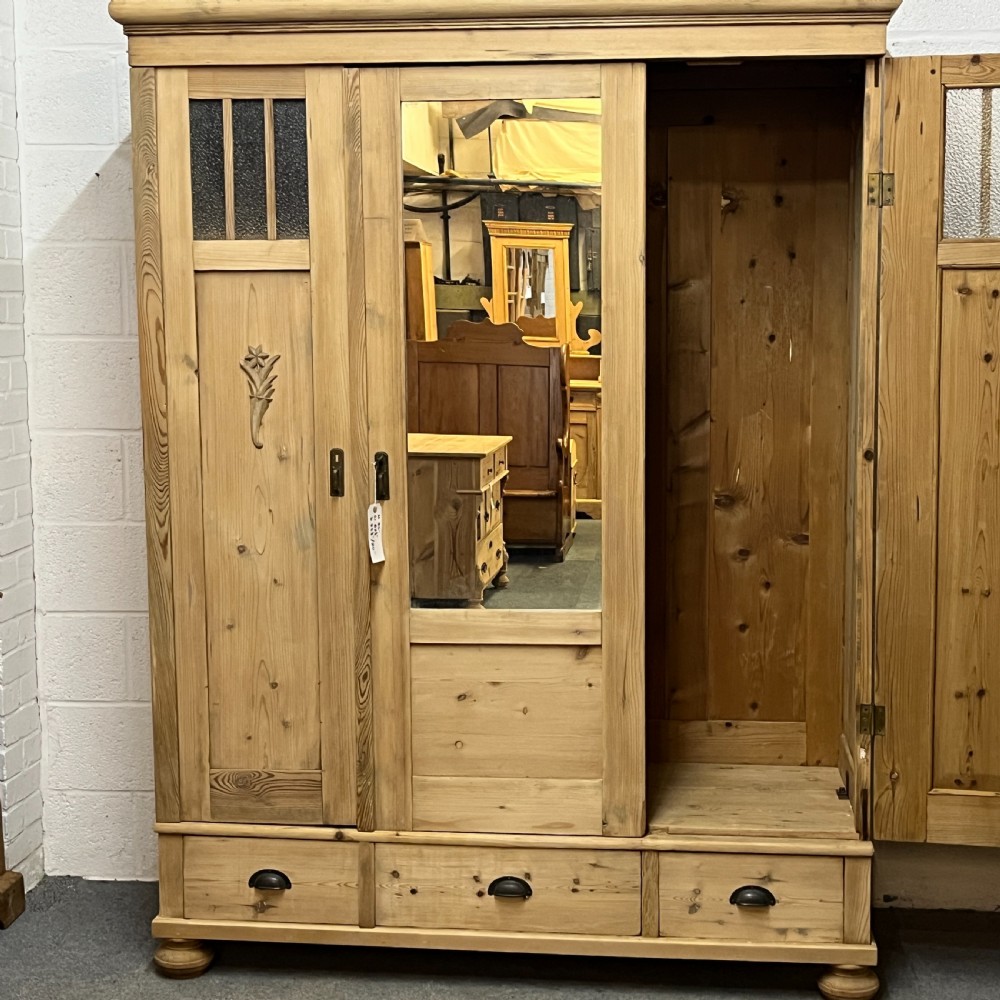 1930’s East German Partly Glazed Triple Pine Wardrobe (Dismantles) View V