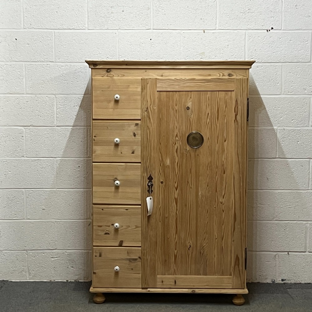 Large Single Door Antique Pine Larder Cupboard With 5 Drawers