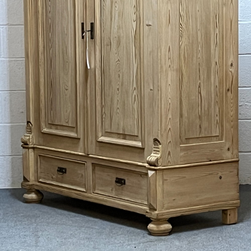 Double Antique Pine Wardrobe With Bottom Drawers (Dismantles) View IV