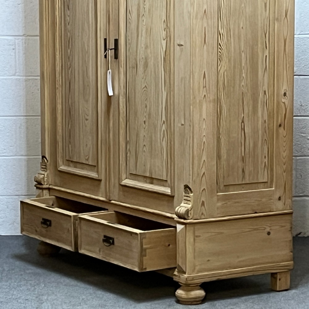 Double Antique Pine Wardrobe With Bottom Drawers (Dismantles) View VI