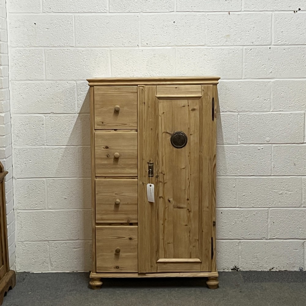 Antique Pine Single Door Larder Cupboard With 4 Drawers