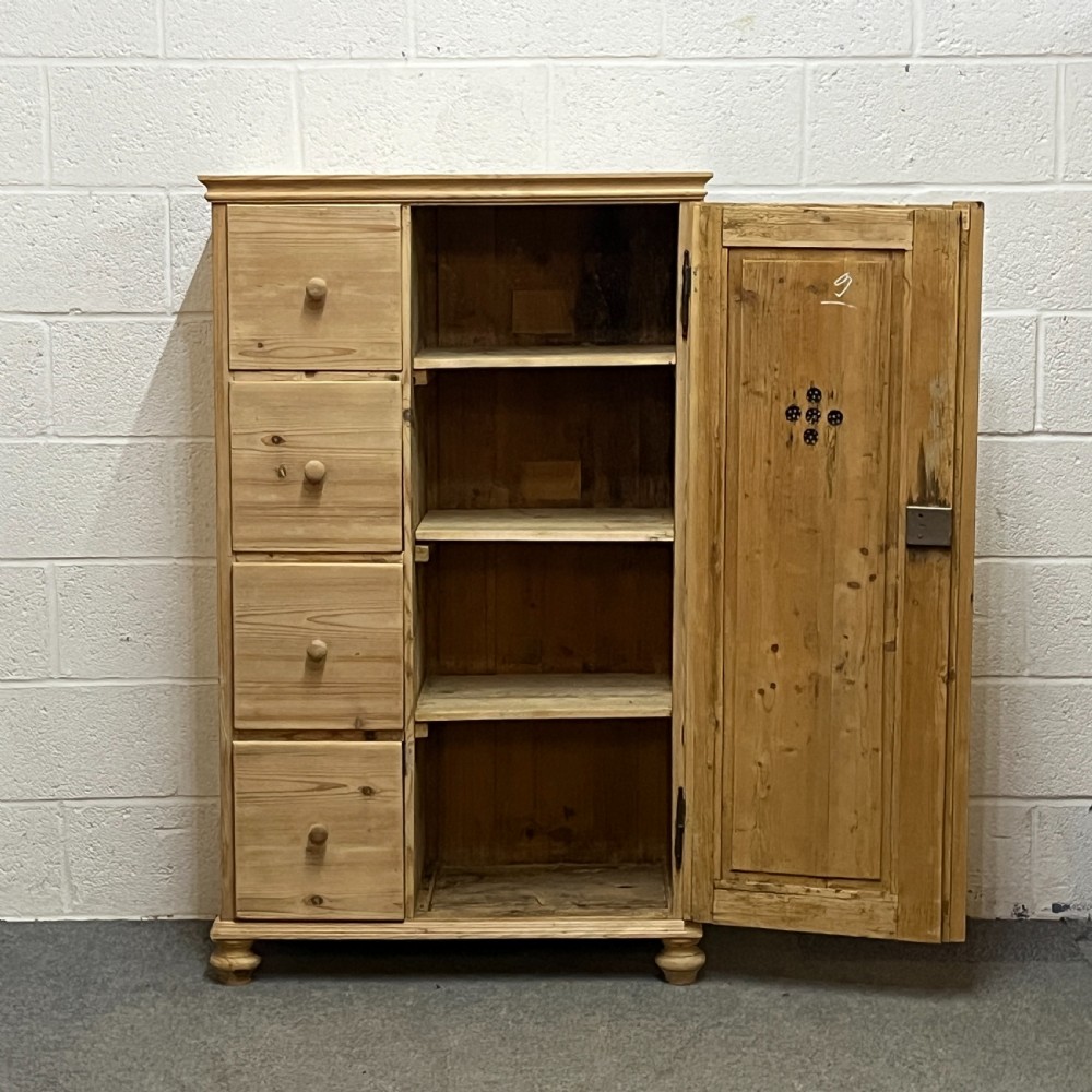 Antique Pine Single Door Larder Cupboard With 4 Drawers View V