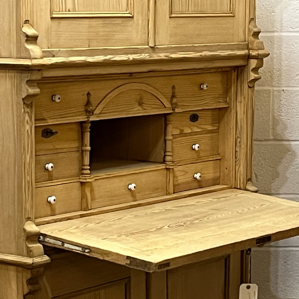 Large Antique Pine Campaign Cupboard Internal Drawers Writing Slope View X