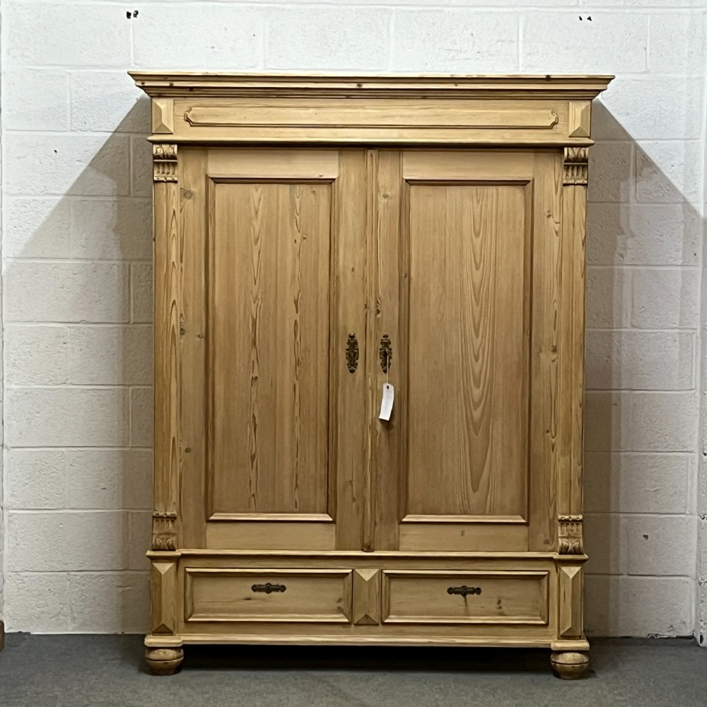Handsome Antique Pine Double Wardrobe With Bottom Drawers (Dismantles)