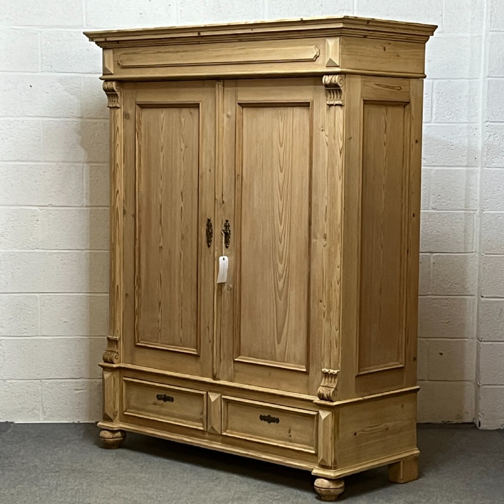 Handsome Antique Pine Double Wardrobe With Bottom Drawers (Dismantles) View II