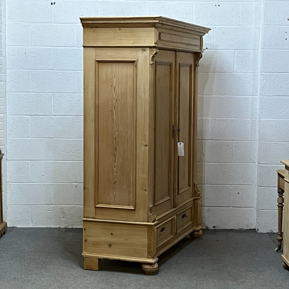 Handsome Antique Pine Double Wardrobe With Bottom Drawers (Dismantles) View III